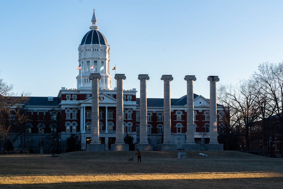 Iconic columns at the University of Missouri, Jesse Hall in Columbia, MO.