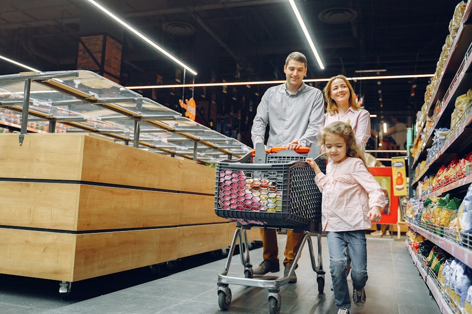A joyful family shopping together in a supermarket aisle, enjoying their day.