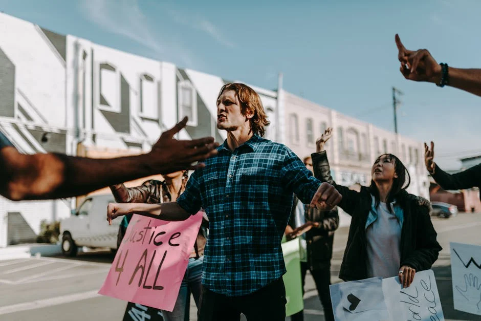 Vibrant street protest scene with diverse group holding justice signs. Encourages change.